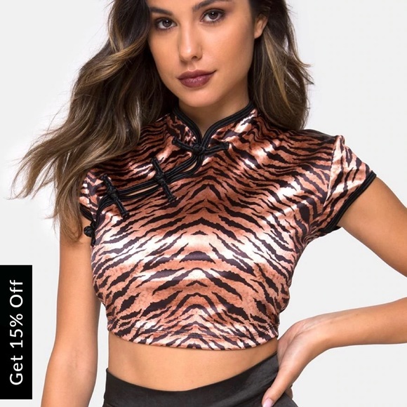 Motel crop top with standing collar. Satin tiger print. Size small. Worn once. - Picture 1 of 5